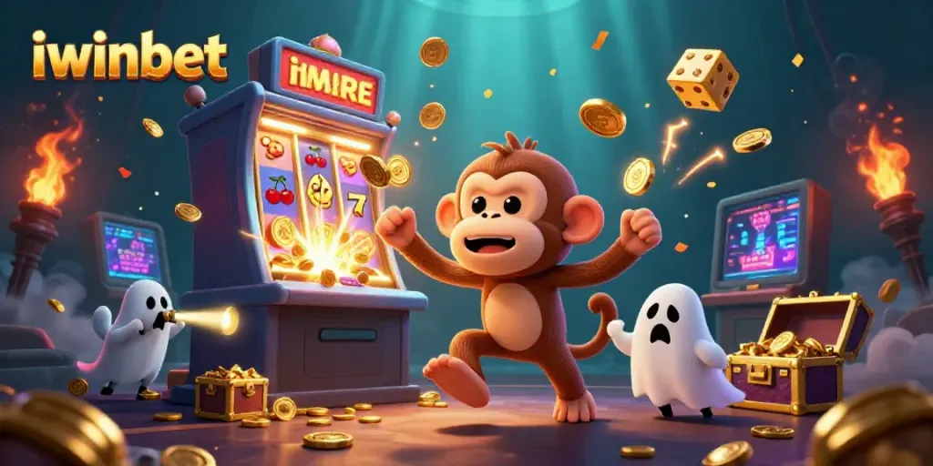 Engage in thrilling iwinbet adventures with a playful monkey and curious puppy in a vibrant casino scene.
