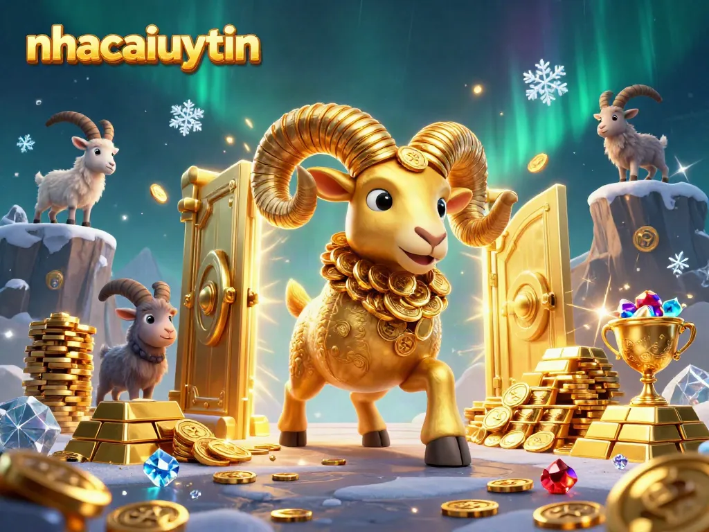 Bet on nhacaiuytin with energetic 3D illustration featuring a golden ram and treasures
