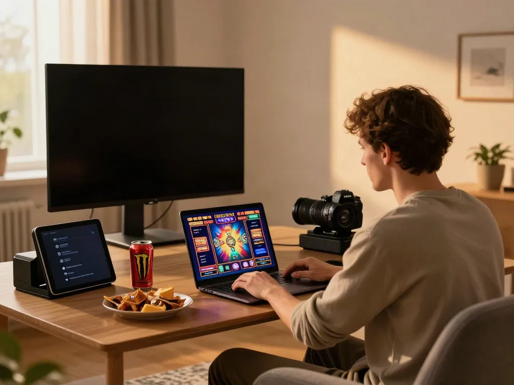 Exciting online gambling moment at home with sapporo88 gaming, showcasing laptop, snacks, and vibrant screen.
