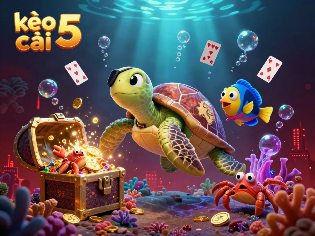 Engage with kèo nhà cái 5 in a vivid 3D underwater casino scene featuring whimsical sea characters and treasures.