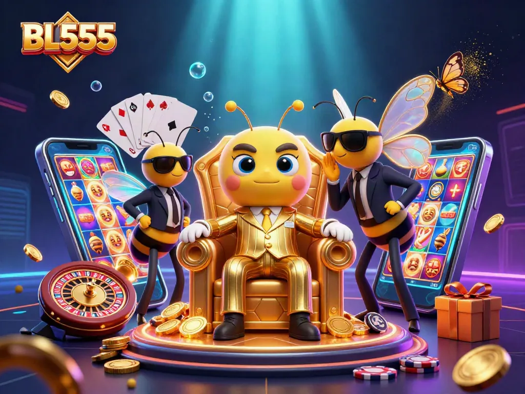 Experience thrilling wins at BL555 with a buzzing cartoon mob scene in a casino setting.
