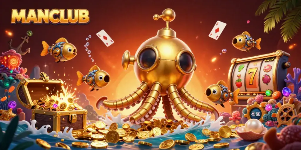 Join the excitement of MANCLUB as you surf through golden coins and slot reels in this vibrant casino illustration.