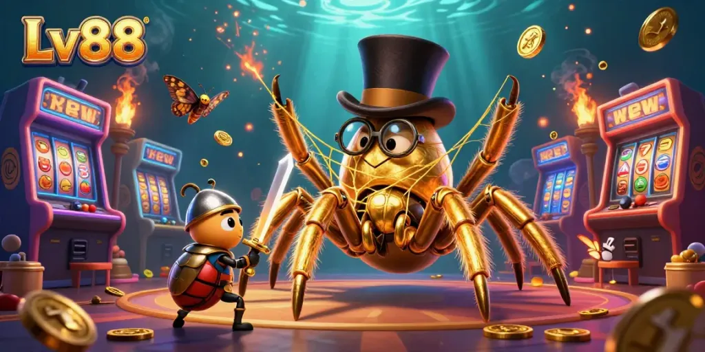 Engage with thrilling slots at Lv88 Casino featuring golden tarantula and brave beetle knight illustration.