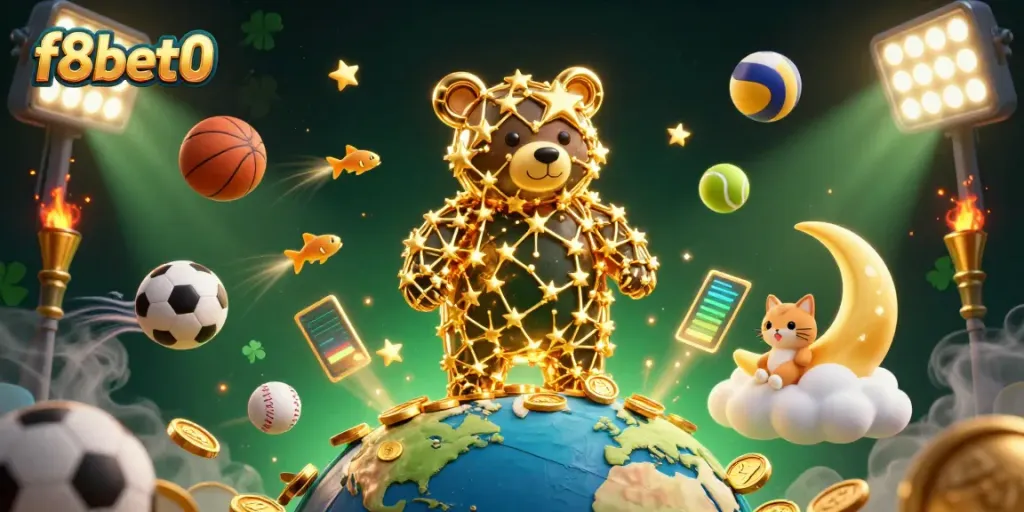 Experience winning moments at f8bet0 with a vibrant 3D casino themed illustration featuring a constellation bear and sports elements.