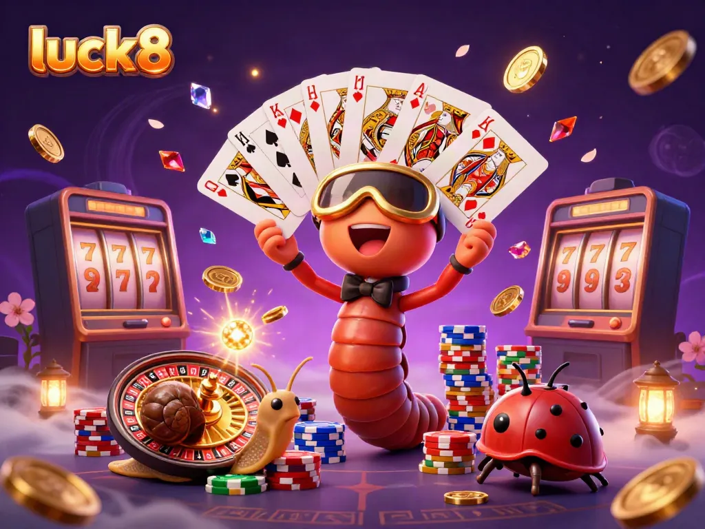 luck8 animated dealer theatrically presenting a royal flush amidst glowing coins and a luxury casino backdrop.