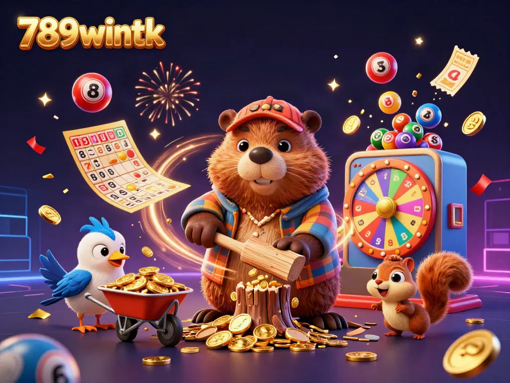 Experience the thrill of gaming with 789wintk in this vibrant 3D illustration featuring whimsical gambling elements.