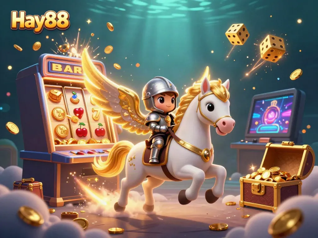Engage with Hay88's vibrant casino adventure featuring a mystical horse, jackpot slot machine, and thrilling game elements.