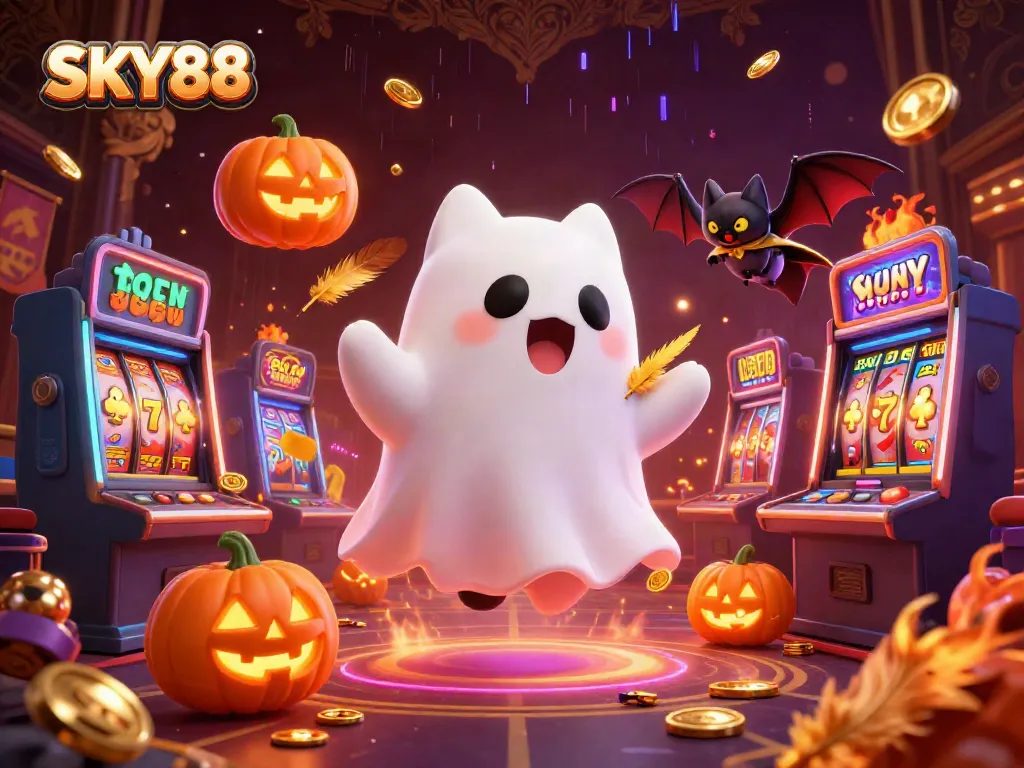 Engage with the lively casino scene featuring SKY88 where a ghost cat explores the fun with glowing jackpots.