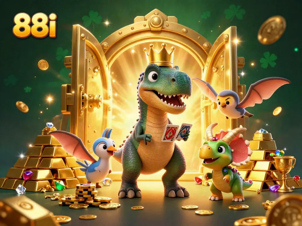 Experience an exciting 88i casino scene with a T-Rex and friends shuffling cards and stacking chips.