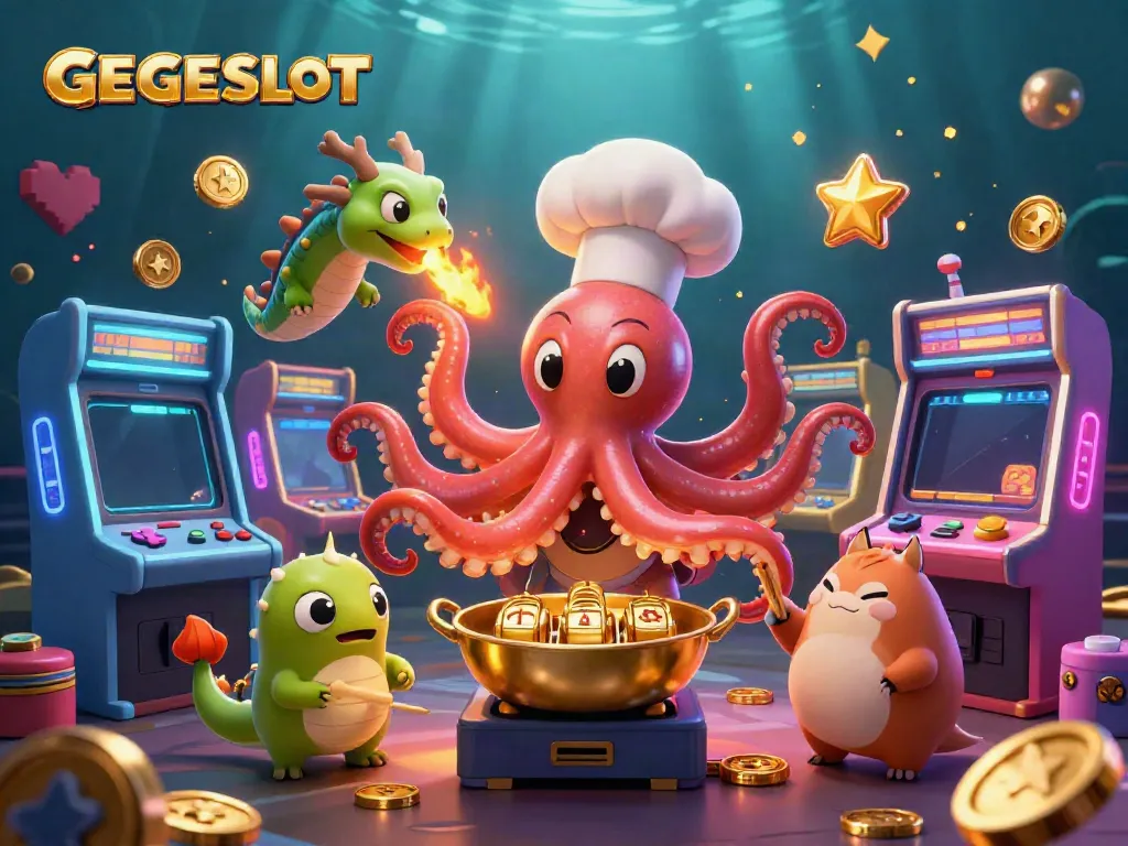 Engage with GEGESLOT's vibrant scene of a sushi chef octopus and dragon creating golden slot machine reels.