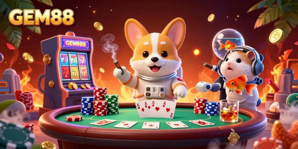 Experience GEM88's vivid casino atmosphere with a 3D astronaut corgi, poker elements, and golden jackpots floating in space.