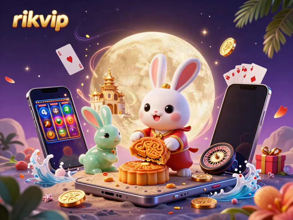 Experience the excitement at rikvip with a playful moon rabbit revealing poker chips while surrounded by dynamic casino elements.