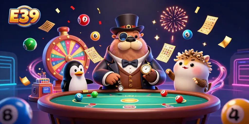 Engaging E39 gambling scene with a walrus at a poker table amidst vibrant lottery balls and a pufferfish bluffing.
