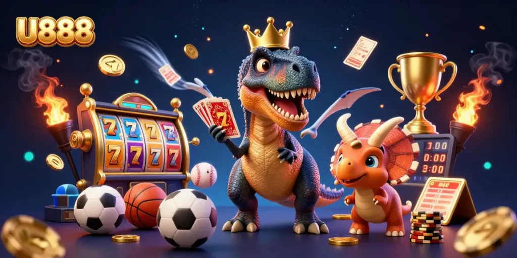U888 showcases a dynamic 3D casino scene with playful characters, slot reels, and vibrant game elements.