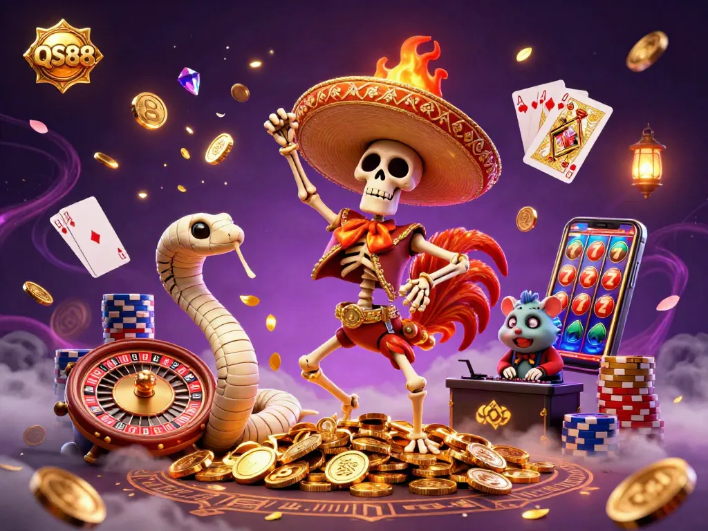 Win big at QS88 with a lively 3D illustration showcasing vibrant casino elements and characters.