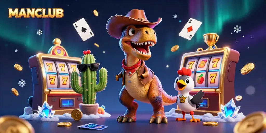 Engage in thrilling gameplay with MANCLUB's vibrant casino scene featuring playful characters and dynamic elements.