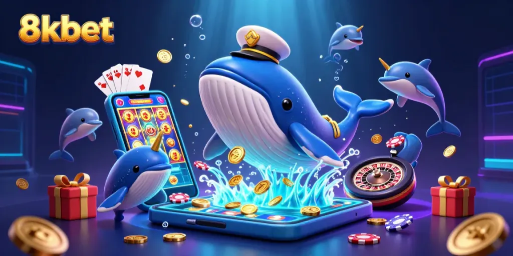 8xbet players enjoy immersive gameplay with a casino whale and dynamic slot features in a vibrant scene.