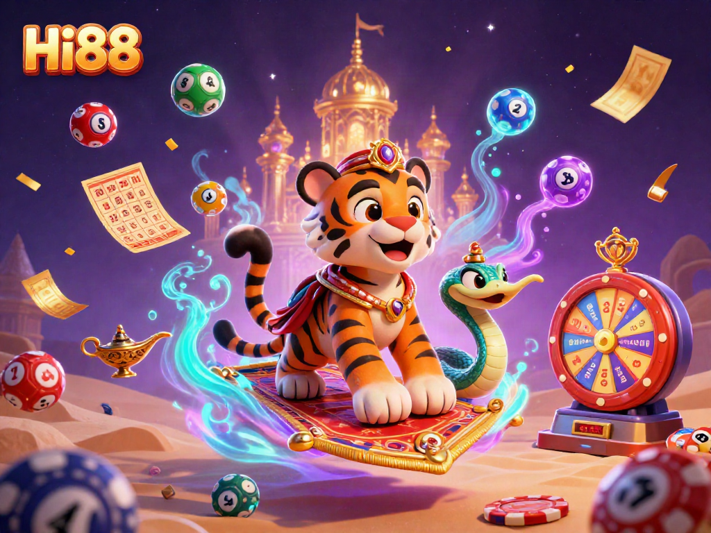 Engage with Hi88's vibrant casino atmosphere featuring a tiger sultan and a magic lamp amidst gaming elements.