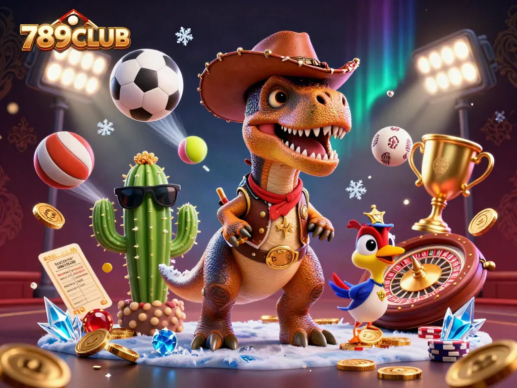 Experience the thrill of 789CLUB slots and betting with a cartoon dinosaur and friends in a vibrant casino setting.
