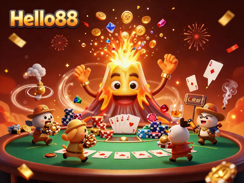 Hello88 players rejoice as a golden volcano erupts treasures in this exciting casino scene.