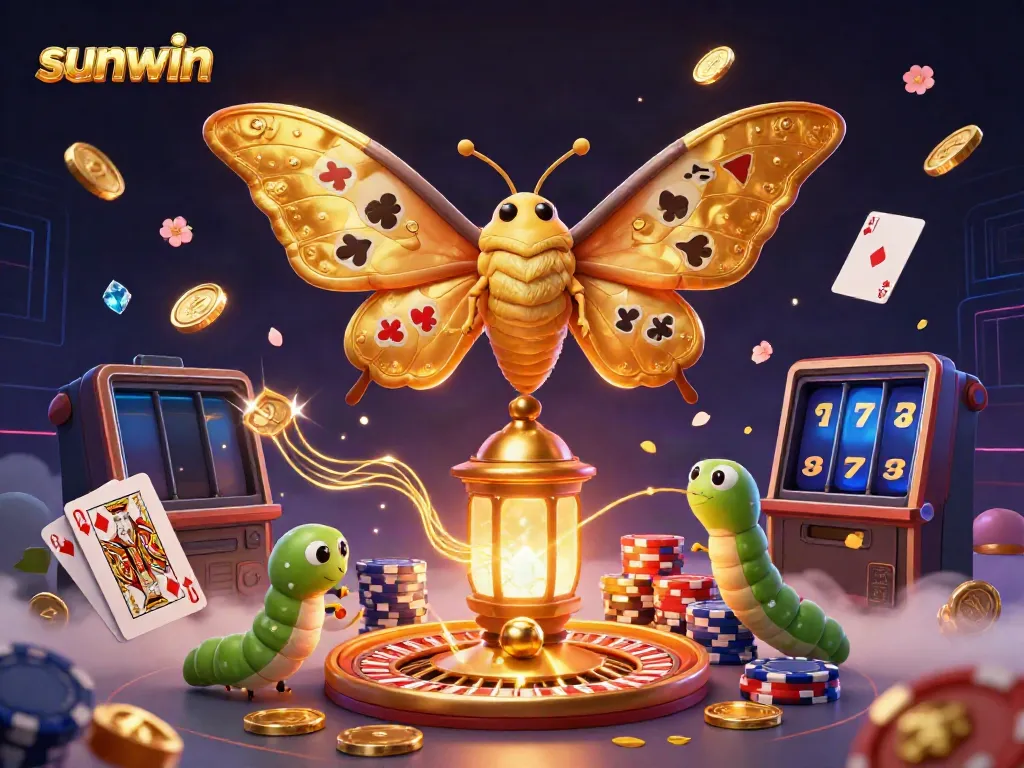 Experience the thrill of gambling with sunwin in this captivating 3D illustration of a majestic atlas moth amidst vibrant casino elements.