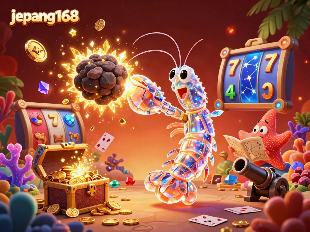 Engage with the vibrant jepang168 online casino experience featuring a galactic samurai mantis shrimp amidst a flurry of gold coins and slots.