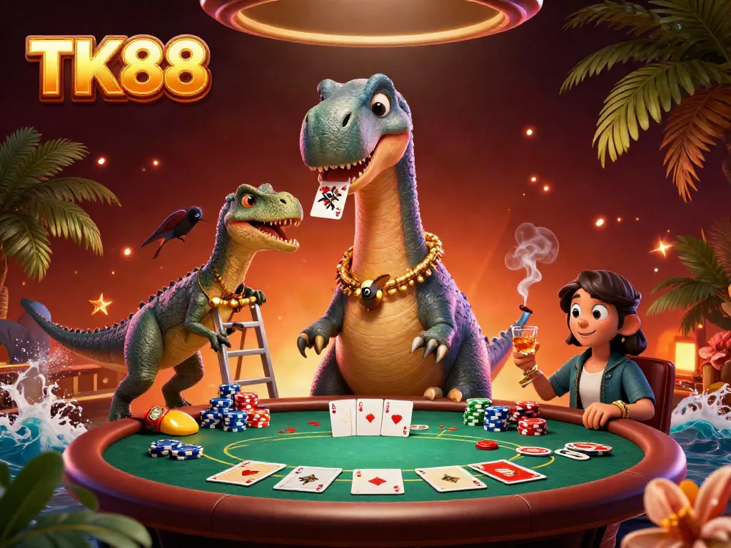 Experience the excitement of TK88 with a vibrant casino scene featuring a giant brontosaurus and a clever raptor dealing cards.