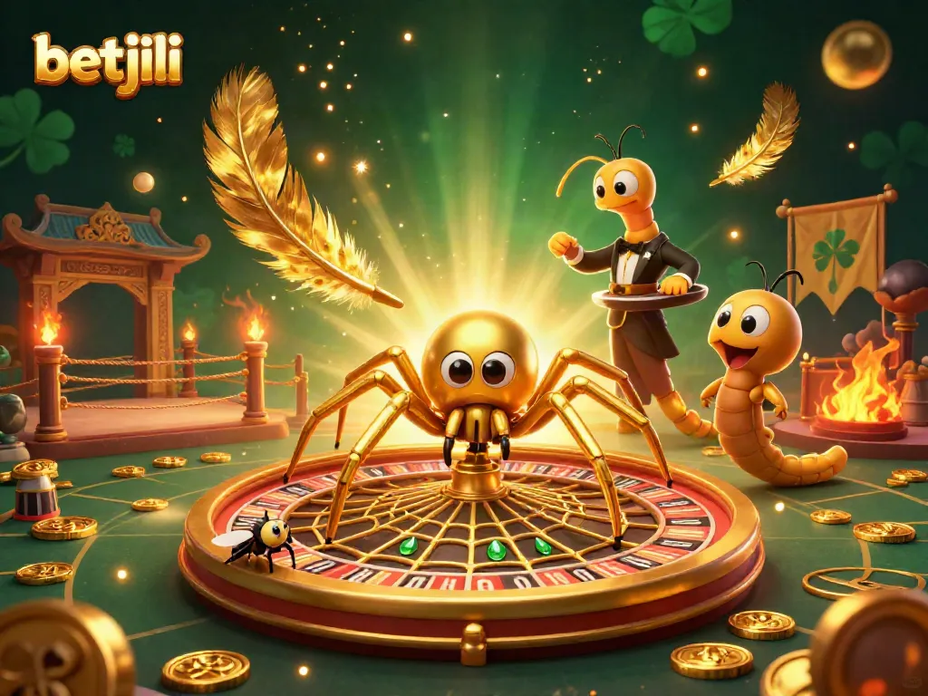 Betjili's thrilling 3D casino scene shows excitement with a spider roulette wheel and animated characters.