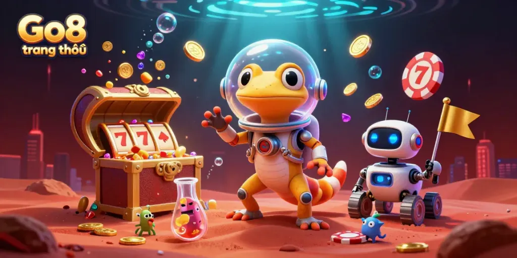 Engage in the vibrant gaming world of Go8 trang chủ with a gecko in a space suit exploring a golden casino.