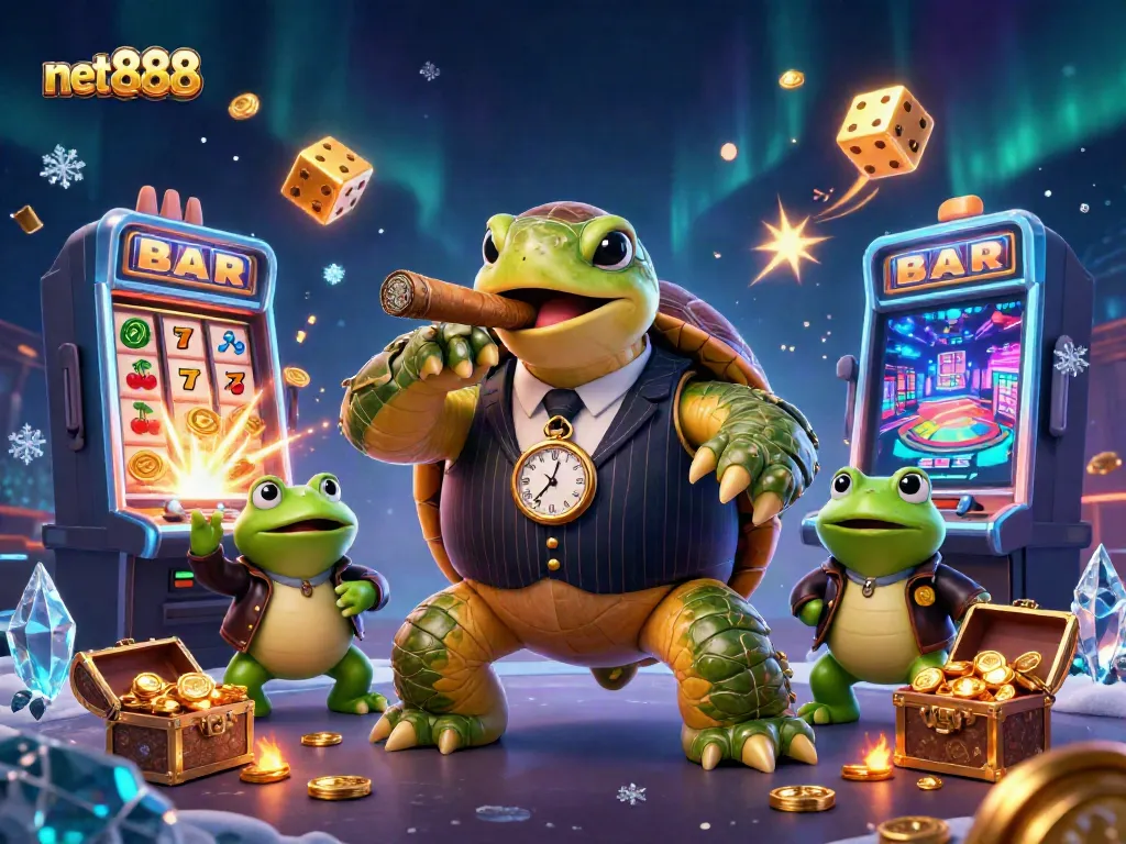 Experience the vibrant casino action with net888 featuring a snapping turtle in a mobster suit amidst explosive slot machines.