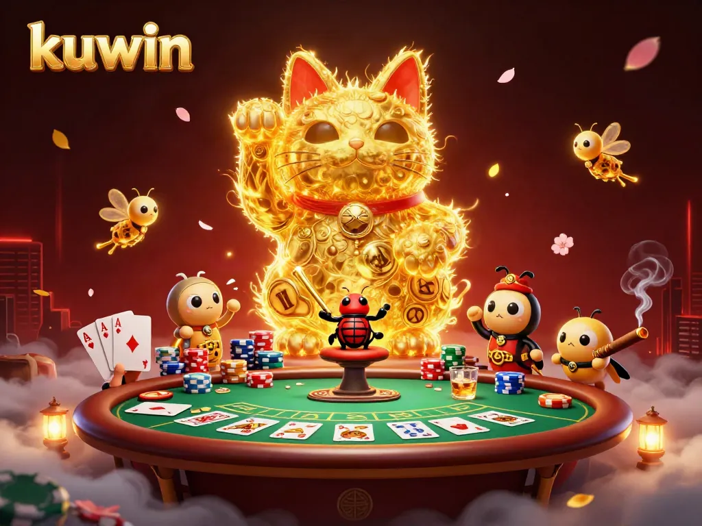 Experience thrilling wins with kuwin's vibrant casino scene full of lucky symbols, fireflies, and poker elements.