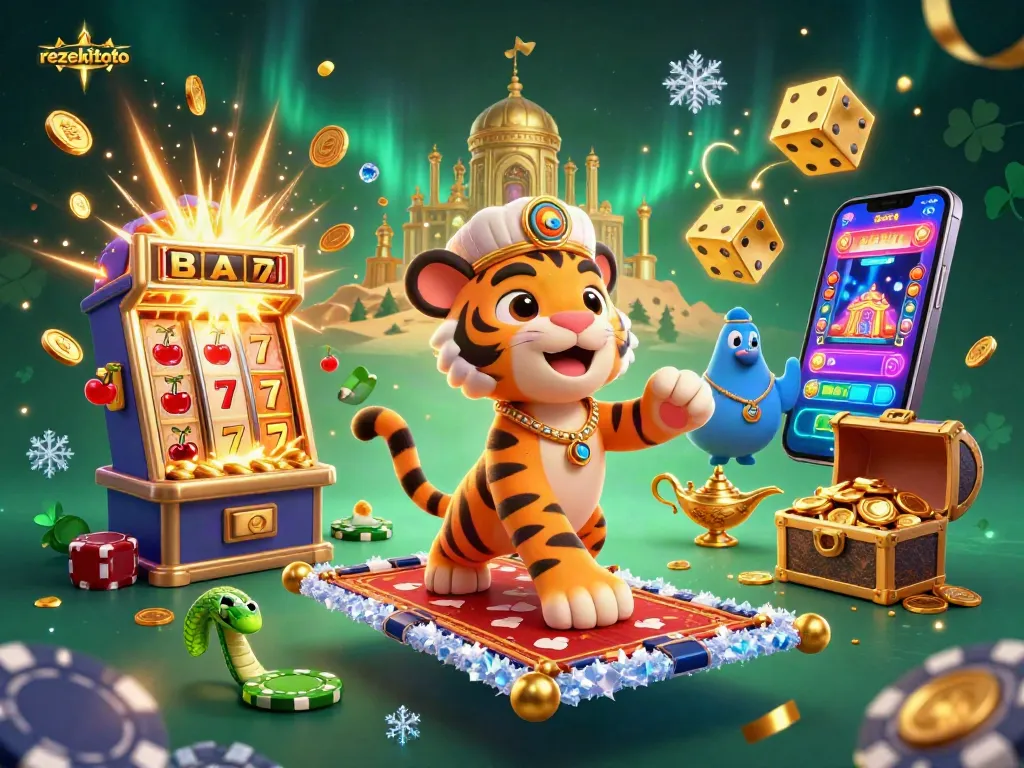 Experience the thrill of rezekitoto with a magical sultan on a jackpot-filled flying carpet in this vibrant illustration.