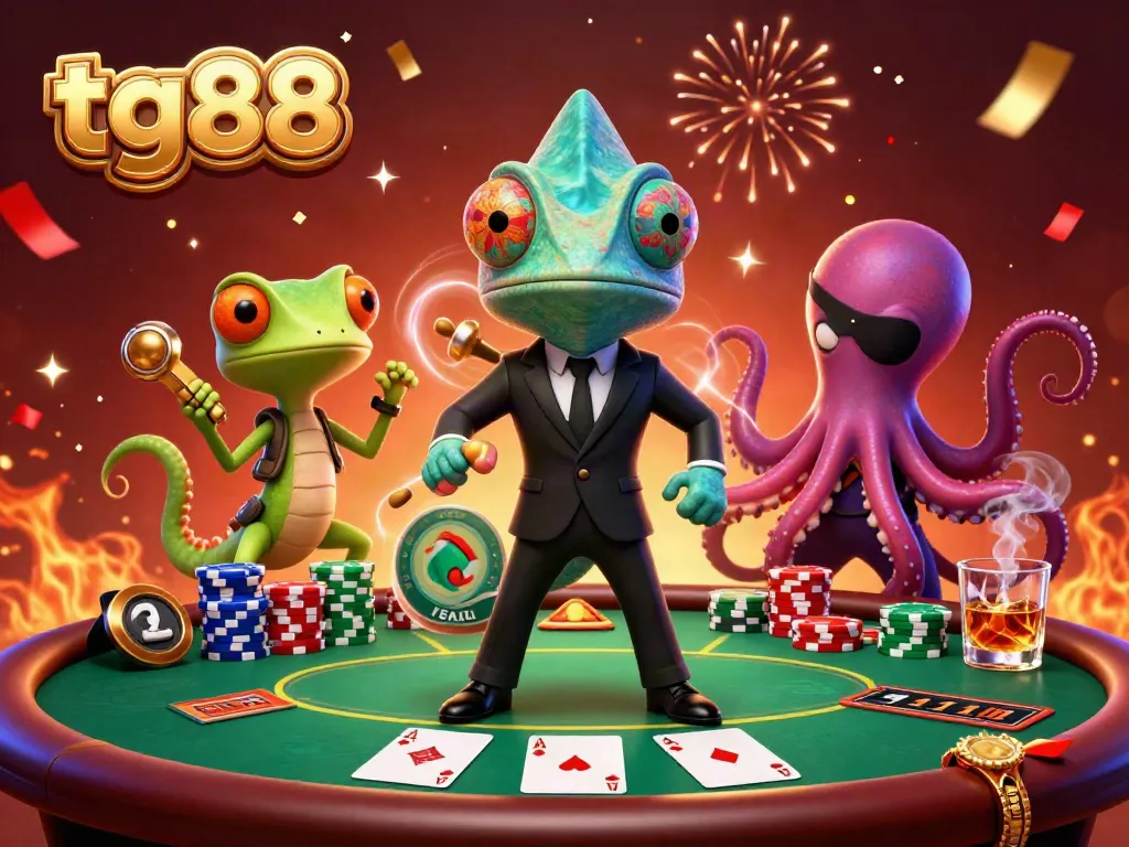 Engage with tg88's vibrant casino scene, featuring a dynamic chameleon agent, tech-savvy gecko, and villainous octopus amid exciting poker elements.