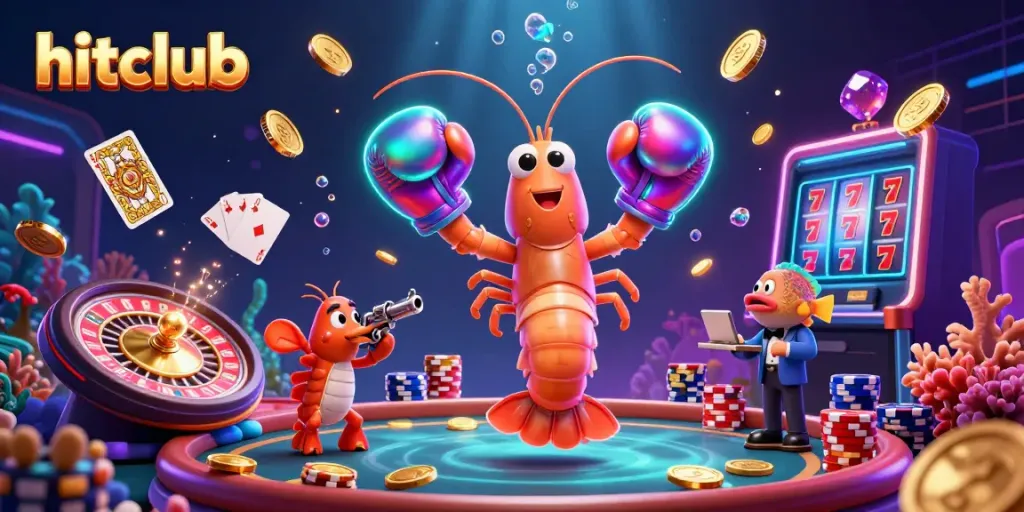 Hitclub illuminates the casino world with vibrant shrimp characters, sparkling gems, and golden coins.