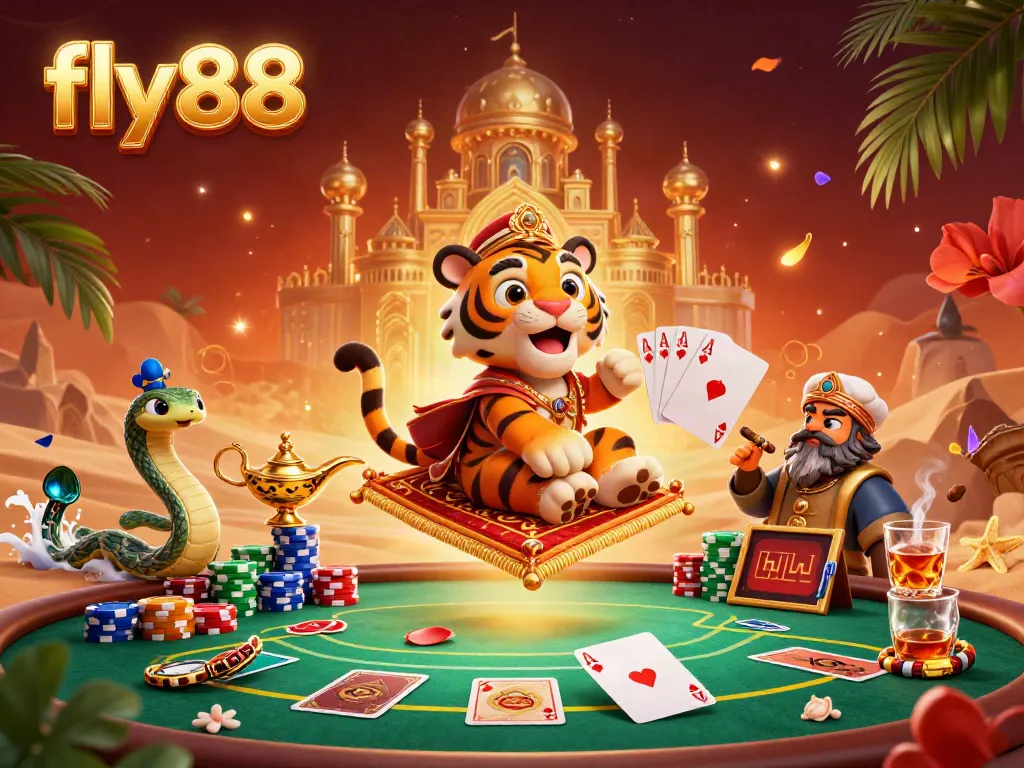Experience the vibrant world of fly88 with a magical casino scene featuring a tiger sultan and rich gaming elements.