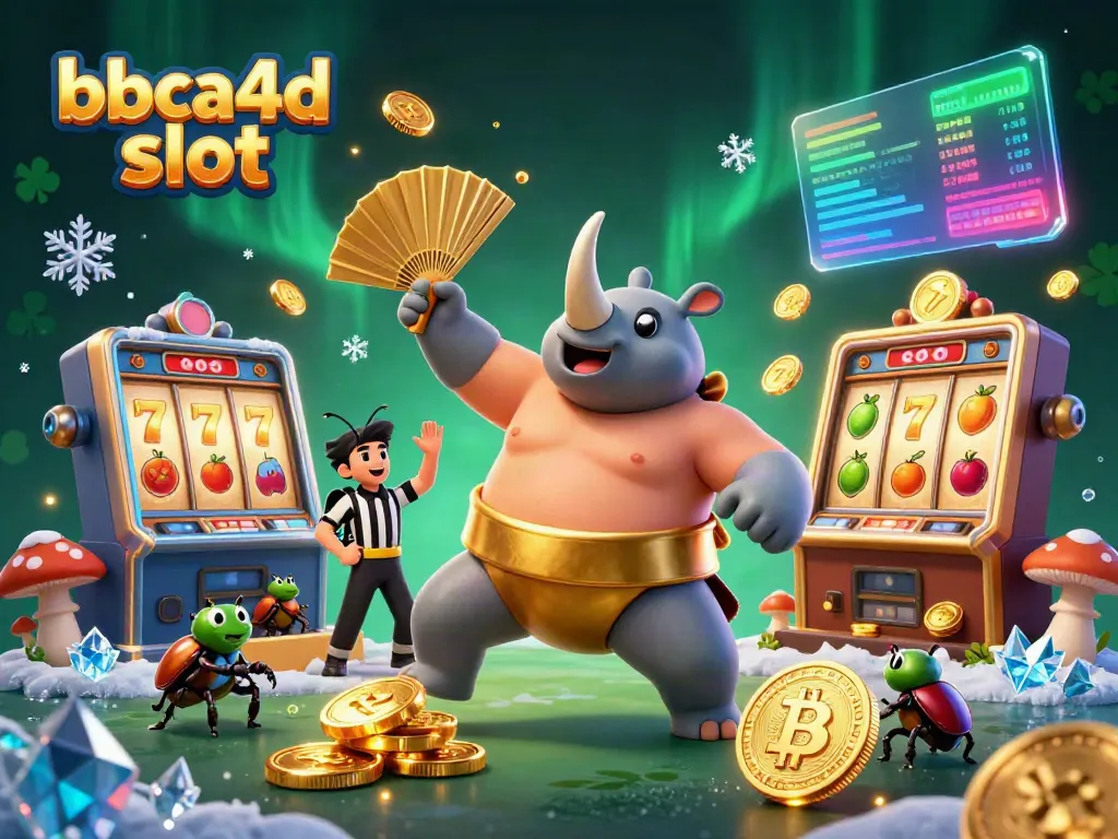 Permainan slot di BBCA4D dengan karakter kartun menarik dan koin emas yang terbang.