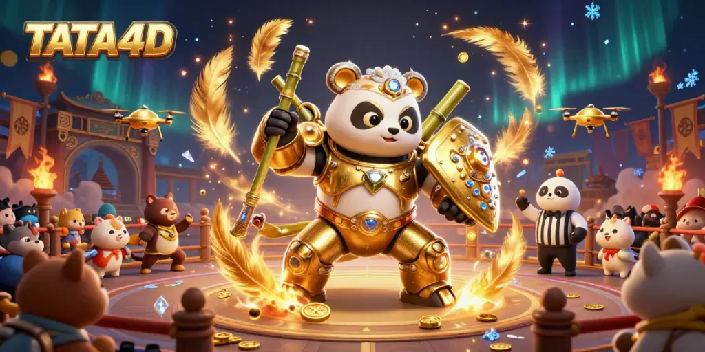 TATA4D showcases a vibrant animated scene of a mech-suit panda in a dynamic gambling arena.