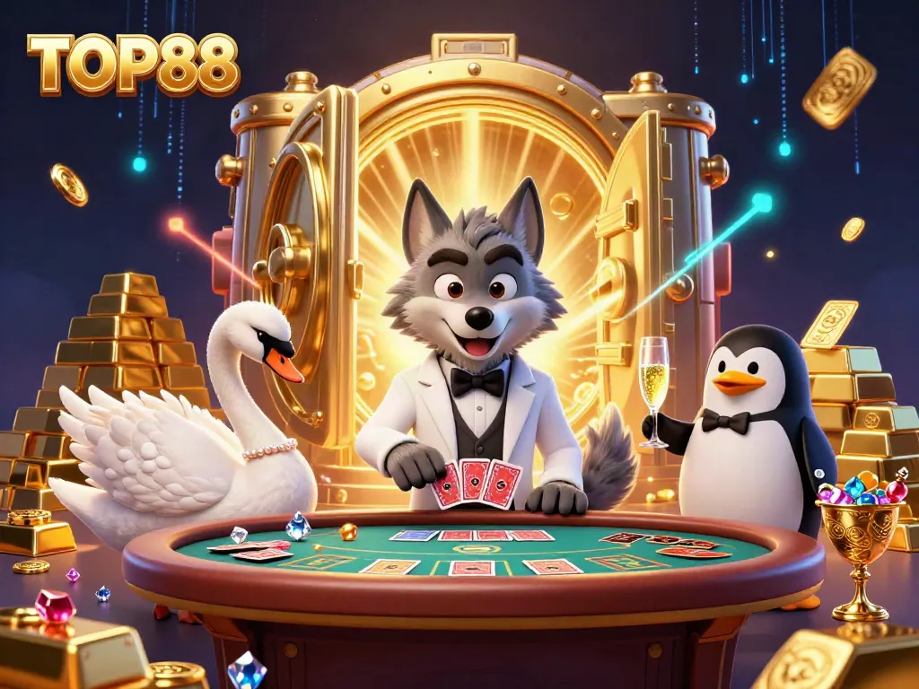 Engaging scene with TOP88's debonair wolf, swan dealer, and penguin sommelier at a lavish casino.