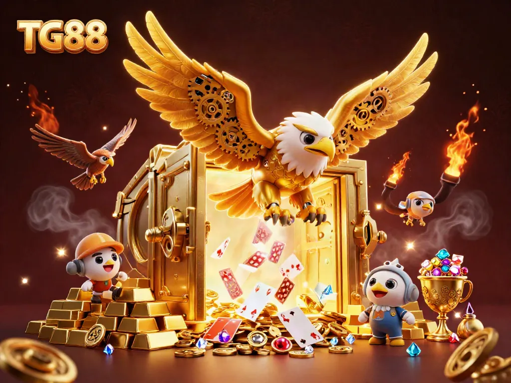 TG88 showcases a thrilling scene with a golden eagle surrounded by treasure and holographic cards.
