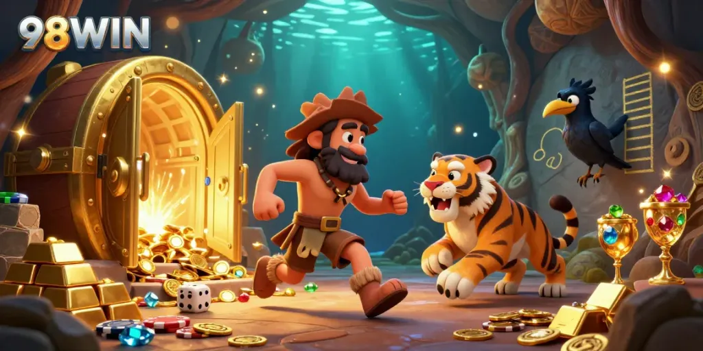 Experience the thrill of 98WIN's prehistoric casino with vibrant gems and golden treasures.