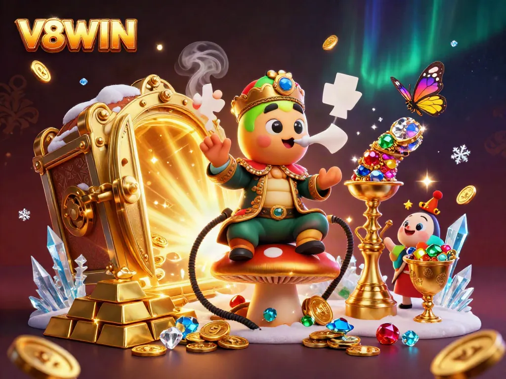 Experience the excitement of V8WIN with a vibrant 3D casino scene filled with animated characters and treasures