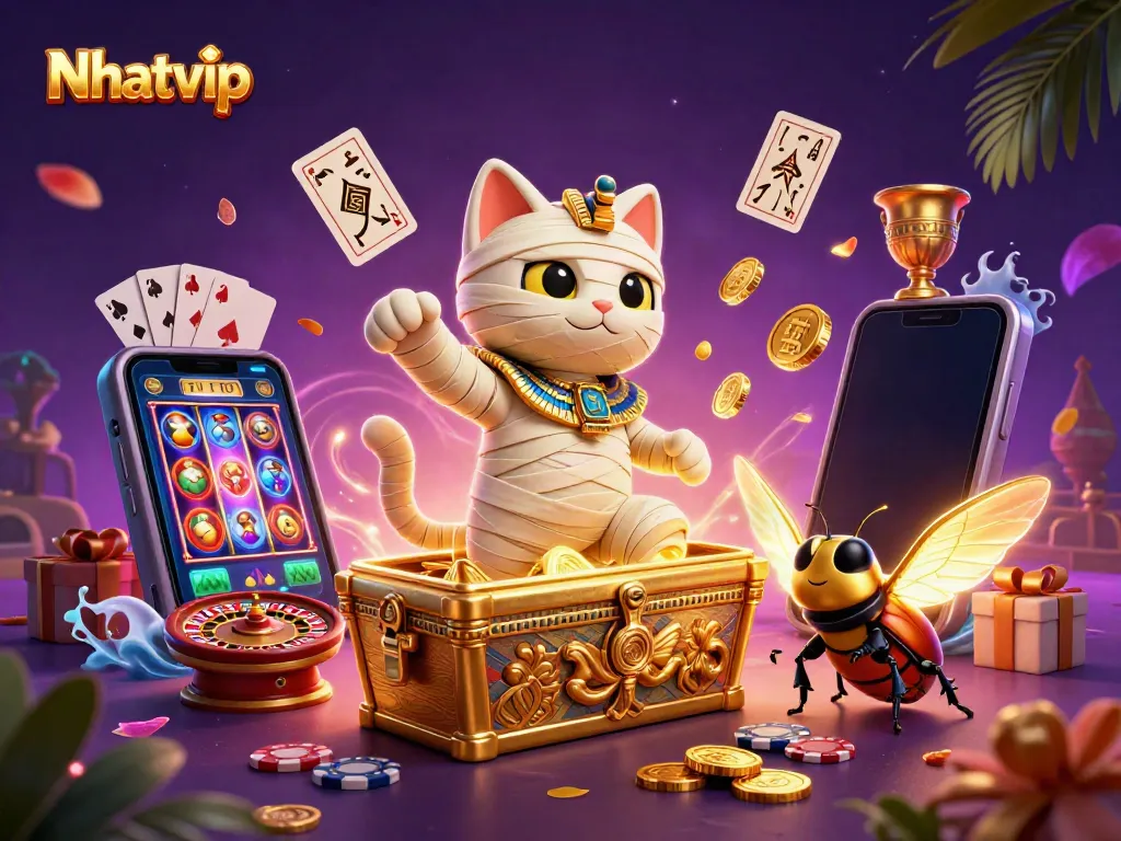 Nhatvip players enjoying vibrant online casino action with Egyptian-themed characters and dynamic gaming elements.