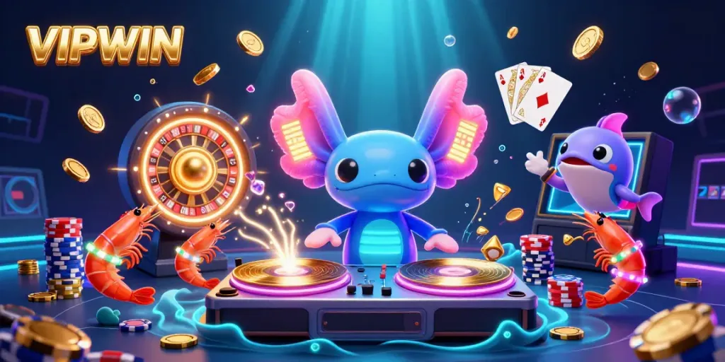 Experience the thrill of gaming at VIPWIN with a neon underwater casino scene featuring vibrant characters and dynamic elements.