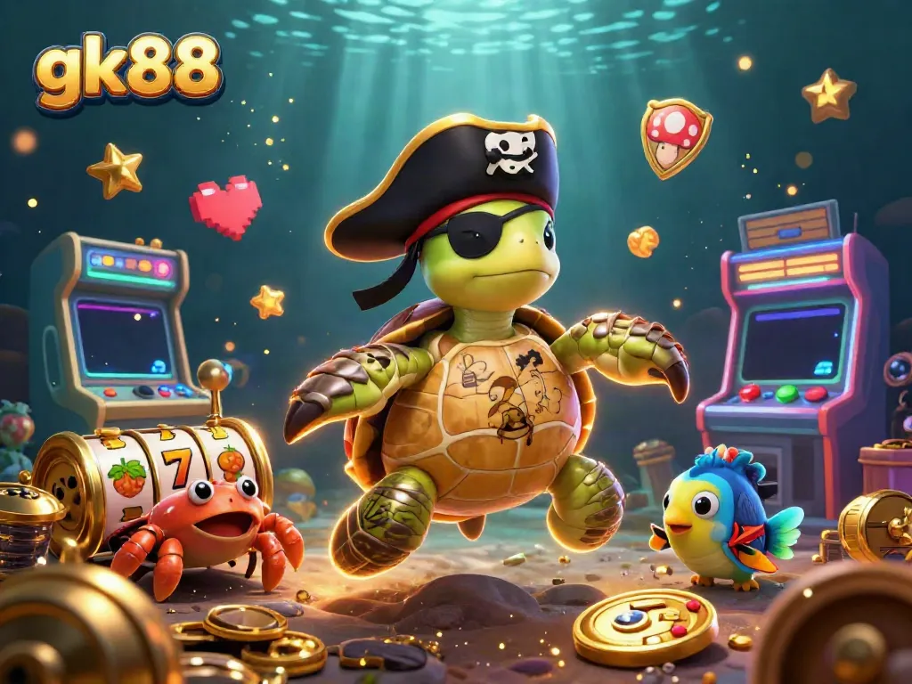 Experience thrilling gambling at gk88 with a cartoon pirate turtle, crab, and parrotfish above colorful slot machines.
