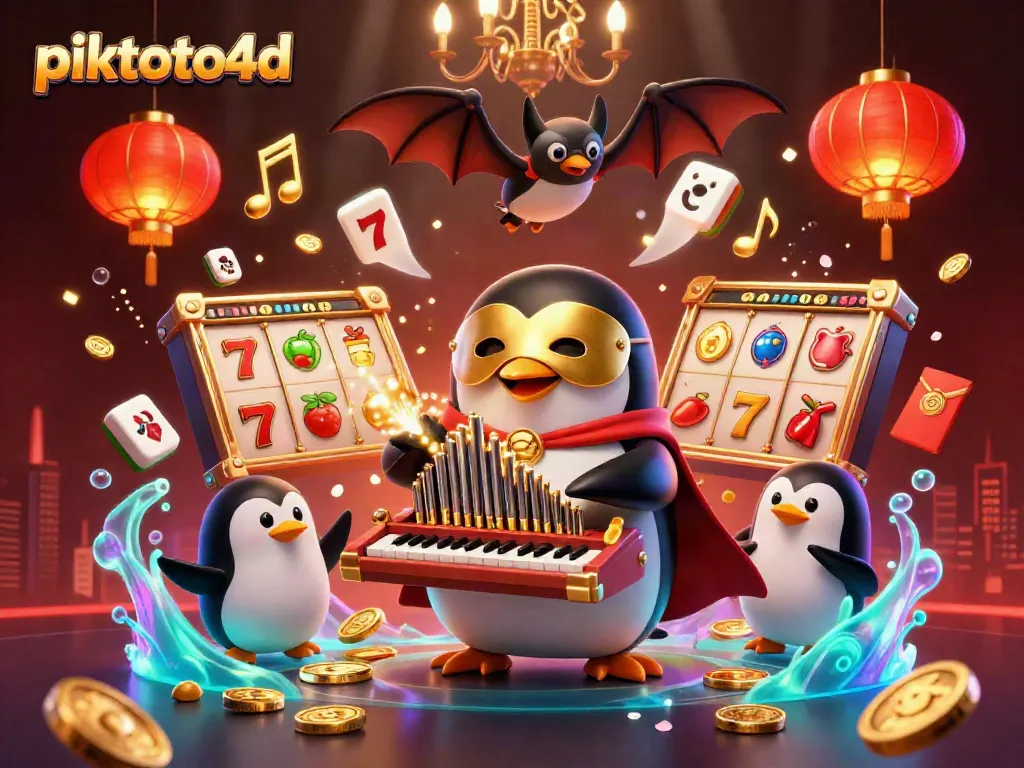 Experience excitement at piktoto4d as the penguin conducts a magical casino scene.