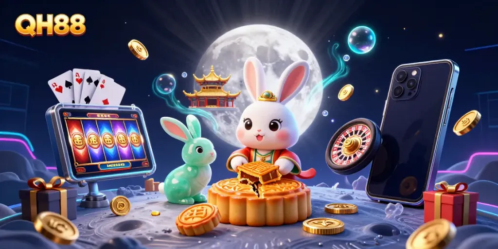 Experience QH88 with a festive moon rabbit scene filled with gaming excitement and vibrant colors.