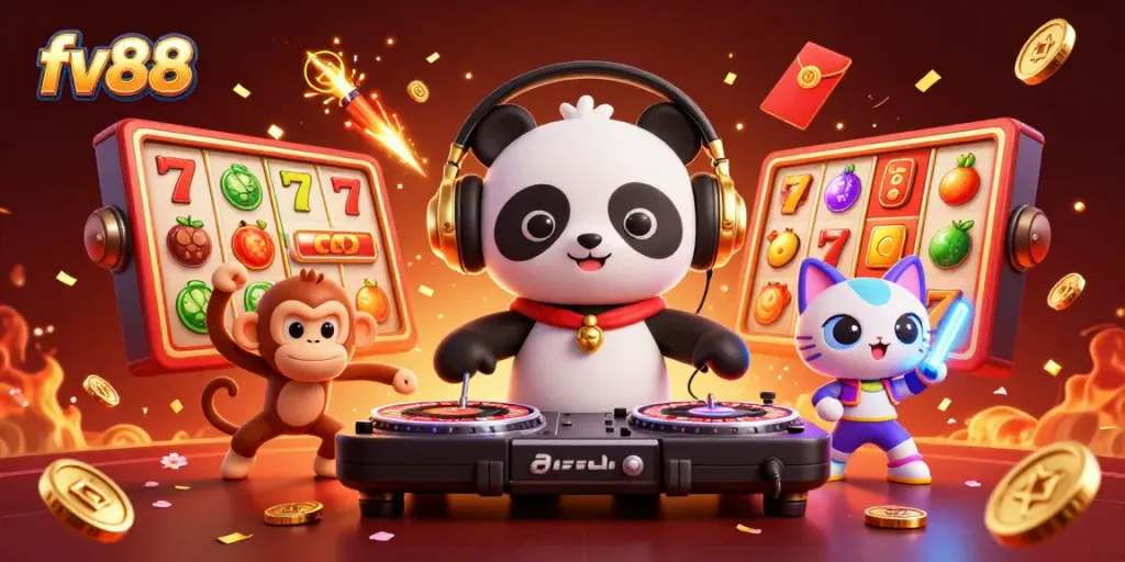 Engage with fv88's exciting slot games as DJ panda spins and monkey breaks beats!