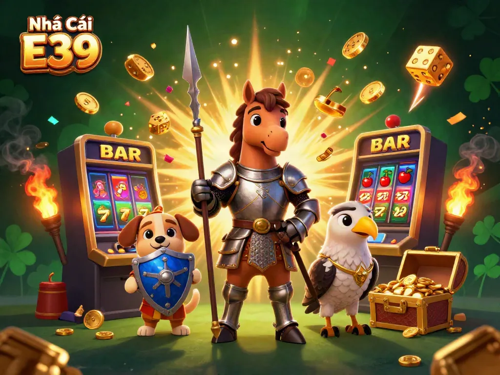 Engage in thrilling gaming action at Nhà Cái E39 with exciting slot machines, golden elements, and lively characters.