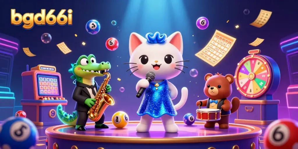 Experience the thrilling atmosphere of bgd66i's casino scene with exciting 3D characters and colorful lottery elements.