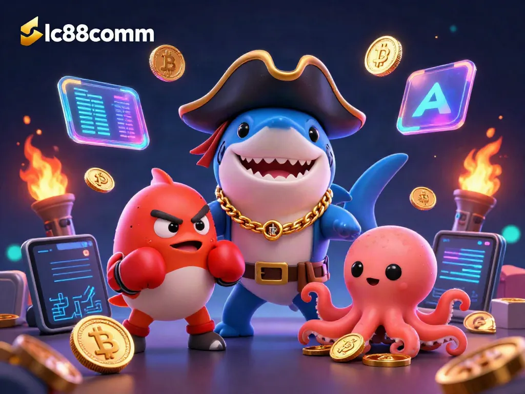 Exciting scene at lc88comm showcasing a pirate shark, pufferfish, and octopus with gold coins in a vibrant casino backdrop.